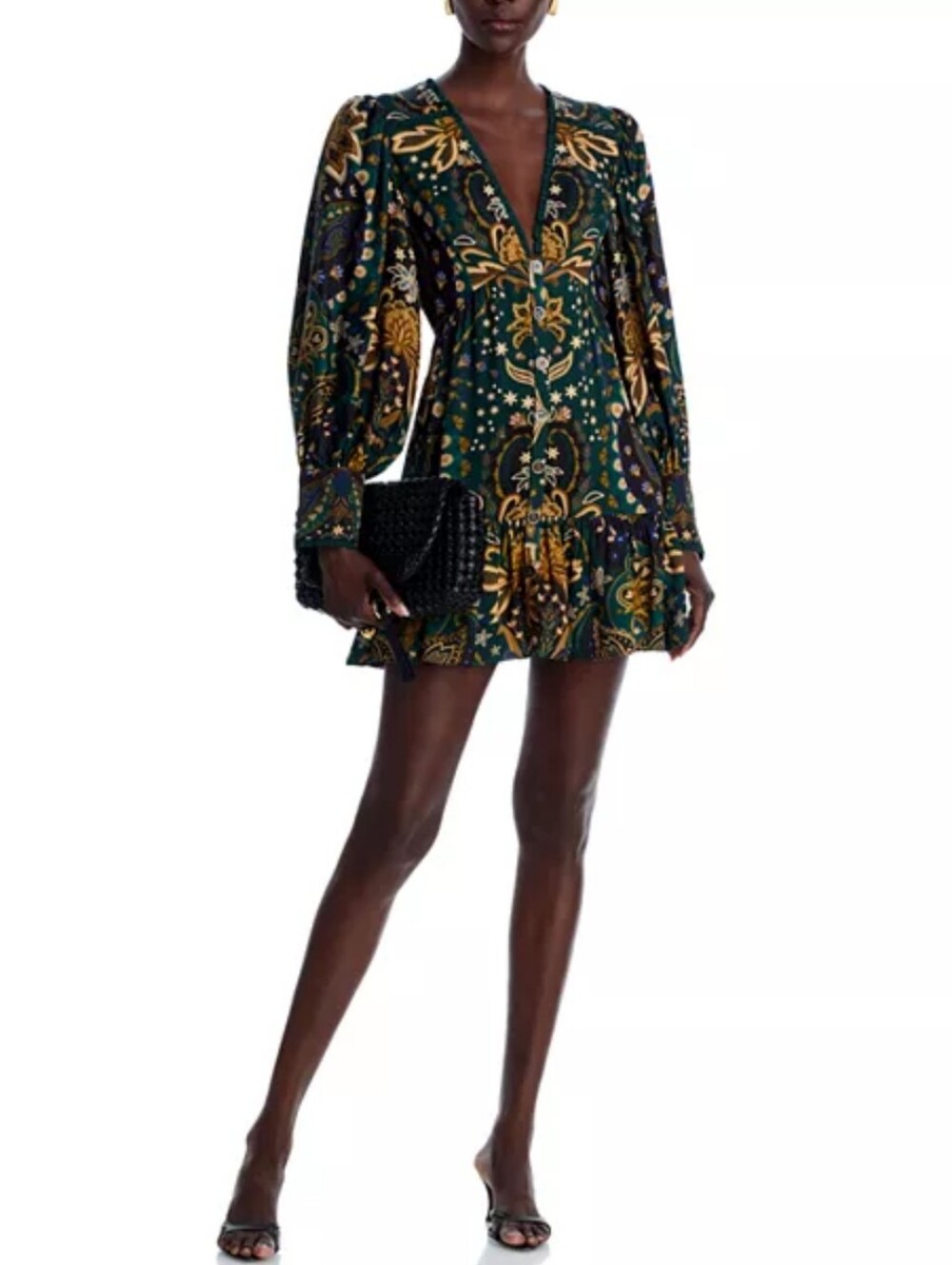 FARM RIO Black Jaipur Mini Dress Long Sleeve V-Neck Boho Chic Size XS NWT